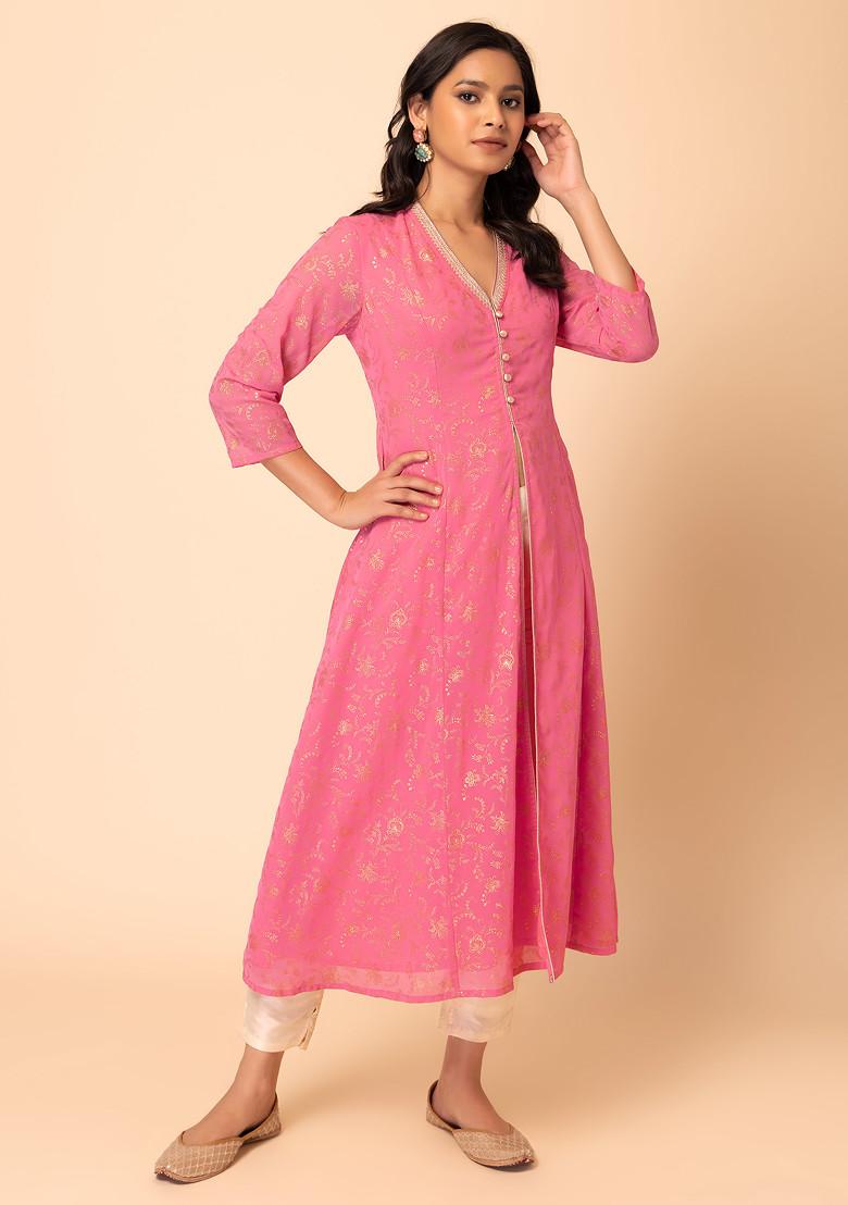 Pink Foil Print Front Slit Kurta
