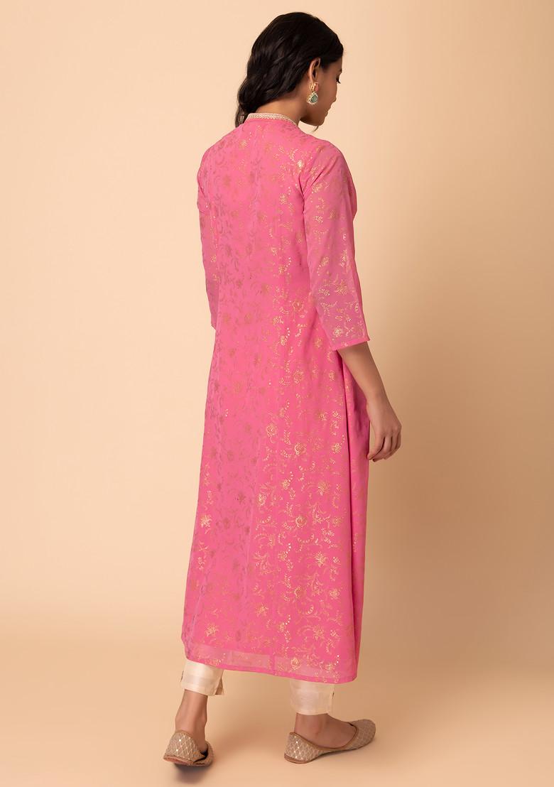 Pink Foil Print Front Slit Kurta