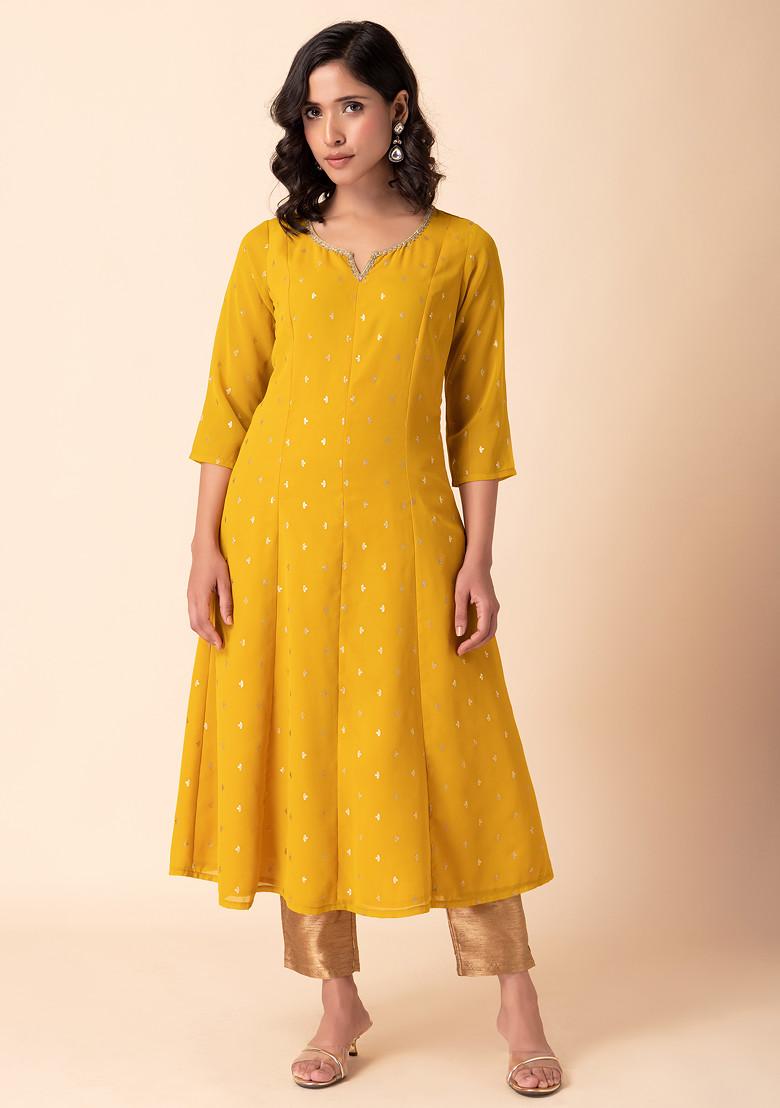 Mustard Yellow Foil Print Anarkali Kurta