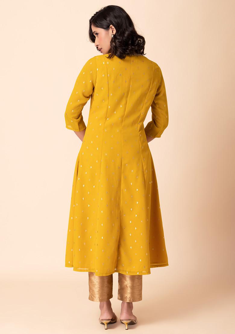 Mustard Yellow Foil Print Anarkali Kurta