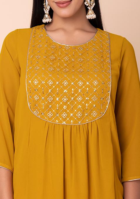 Buy Women Mustard Yellow Zari And Sequin Embroidered Kurta - A-Line ...