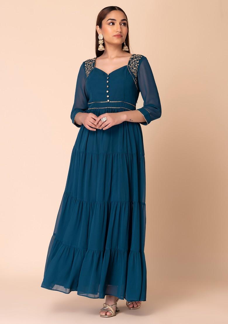 Teal Blue Embroidered Tiered Maxi Kurta