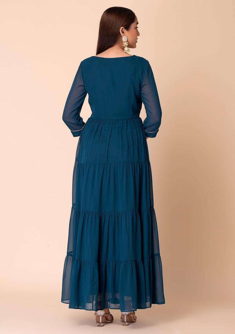 Teal Blue Embroidered Tiered Maxi Kurta