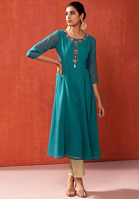 Turquoise Blue Zari Embroidered A-Line Kurta