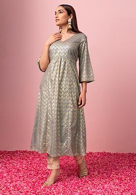 Light Blue Geometric Foil Print A-Line Kurta