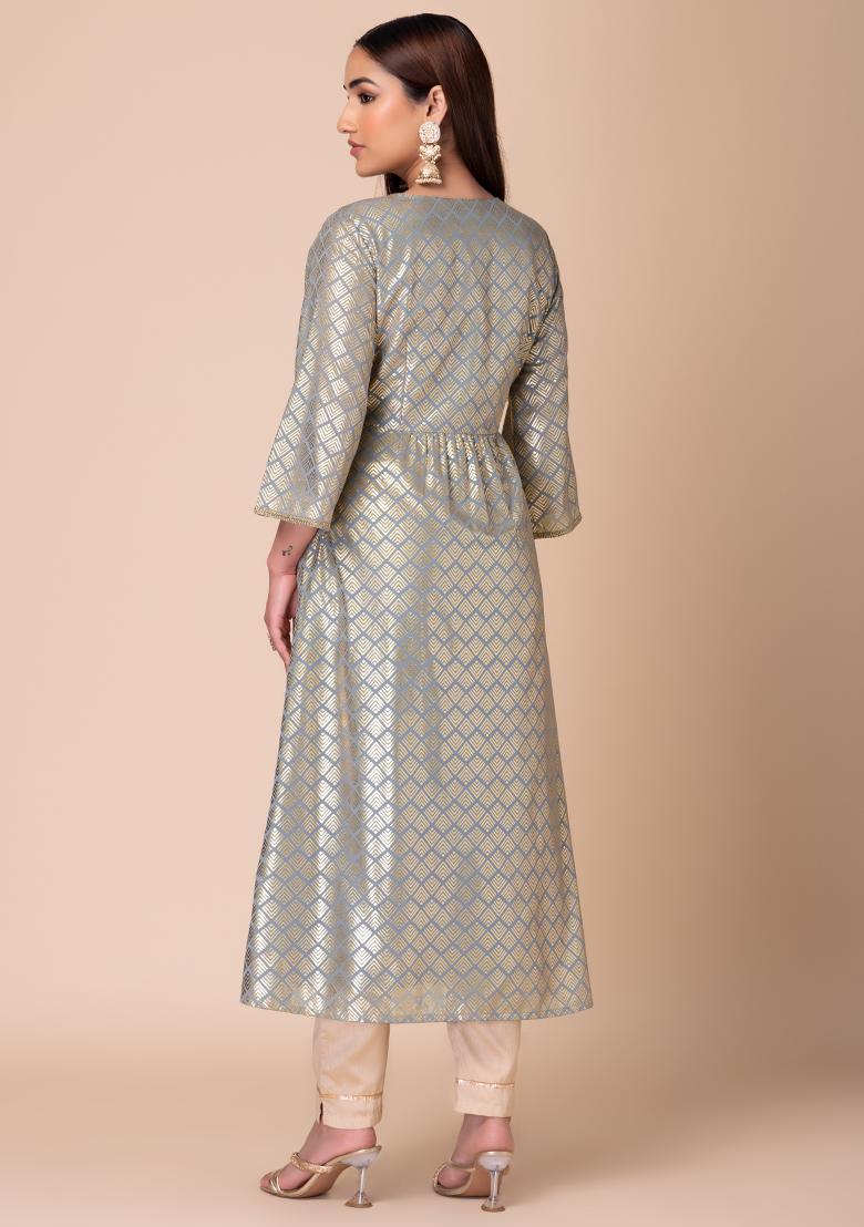 Light Blue Geometric Foil Print A-Line Kurta