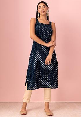 Teal Blue Foil Print Kurta