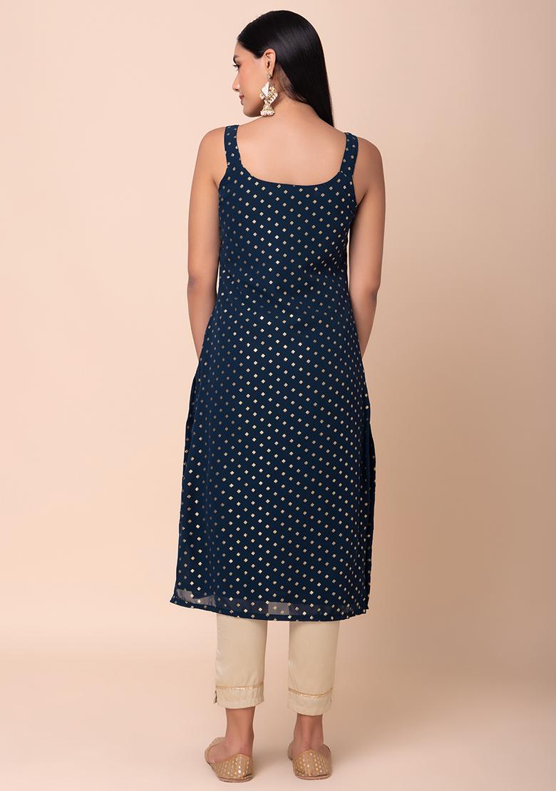 Teal Blue Foil Print Kurta