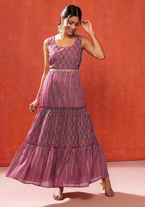 Dark Pink Ajrakh Print Tiered Maxi Dress With Dori Belt (Set of 2)