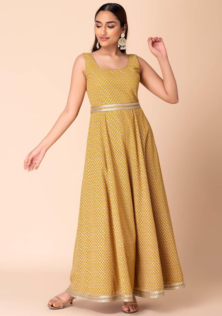 Mustard Yellow Ajrakh Print Anarkali Kurta With Dori Belt (Set of 2)