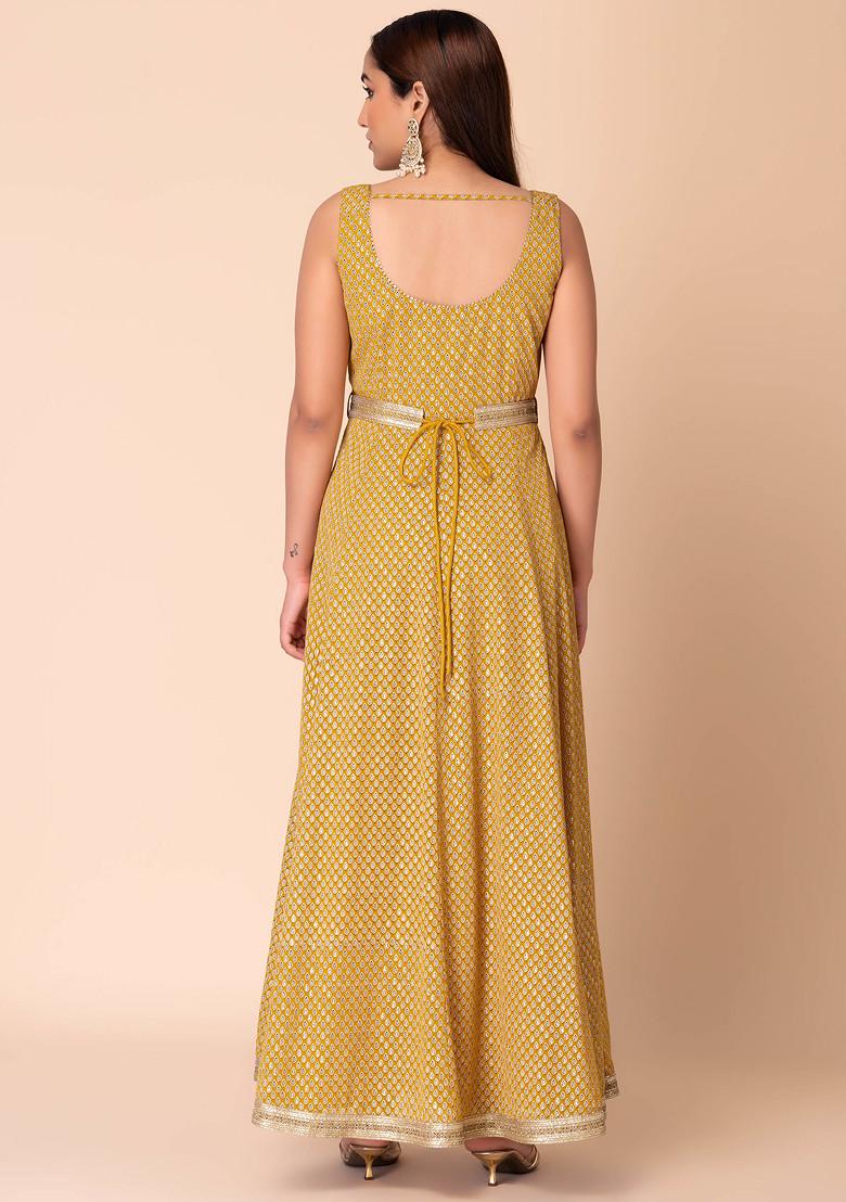 Mustard Yellow Ajrakh Print Anarkali Kurta With Dori Belt (Set of 2)