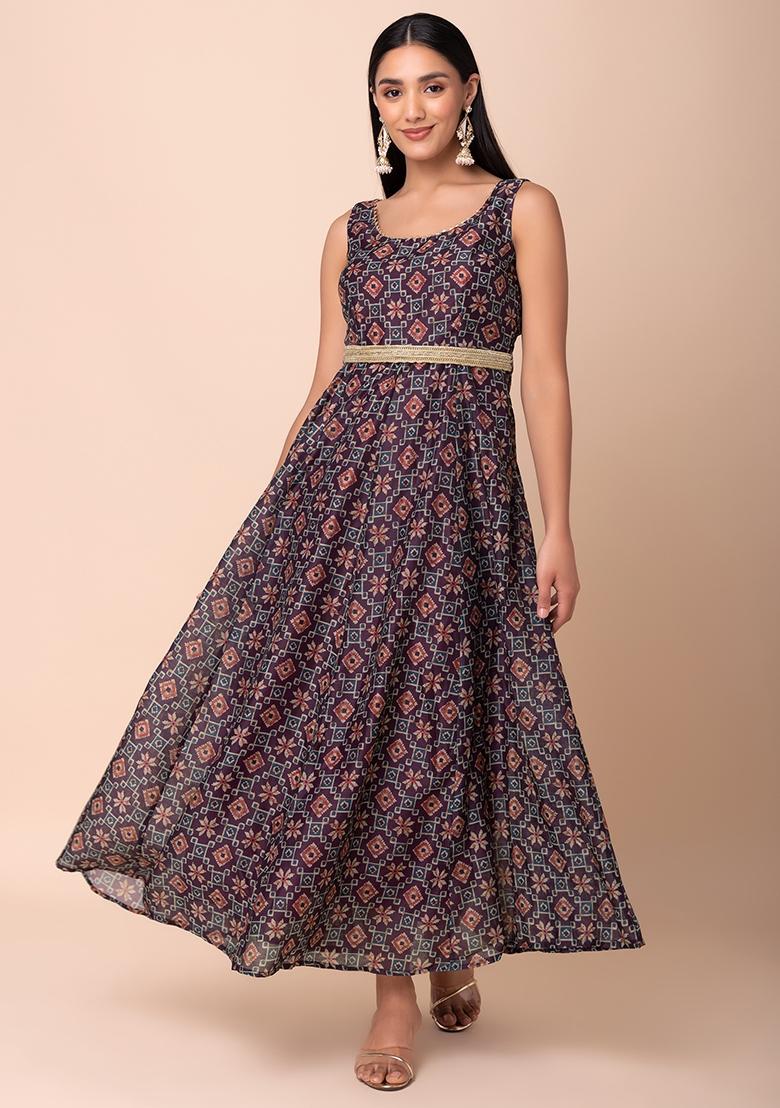 Dark Purple Ajrakh Print Anarkali Kurta With Belt (Set of 2)