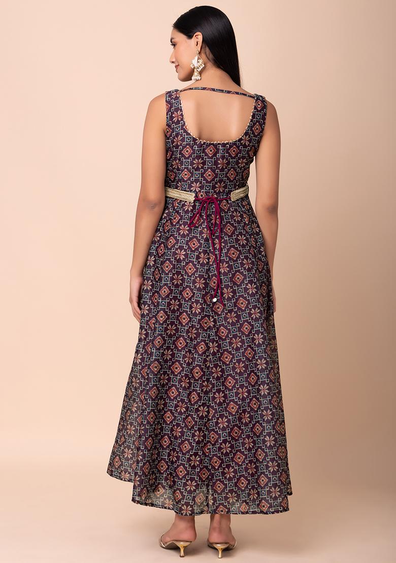 Dark Purple Ajrakh Print Anarkali Kurta With Belt (Set of 2)