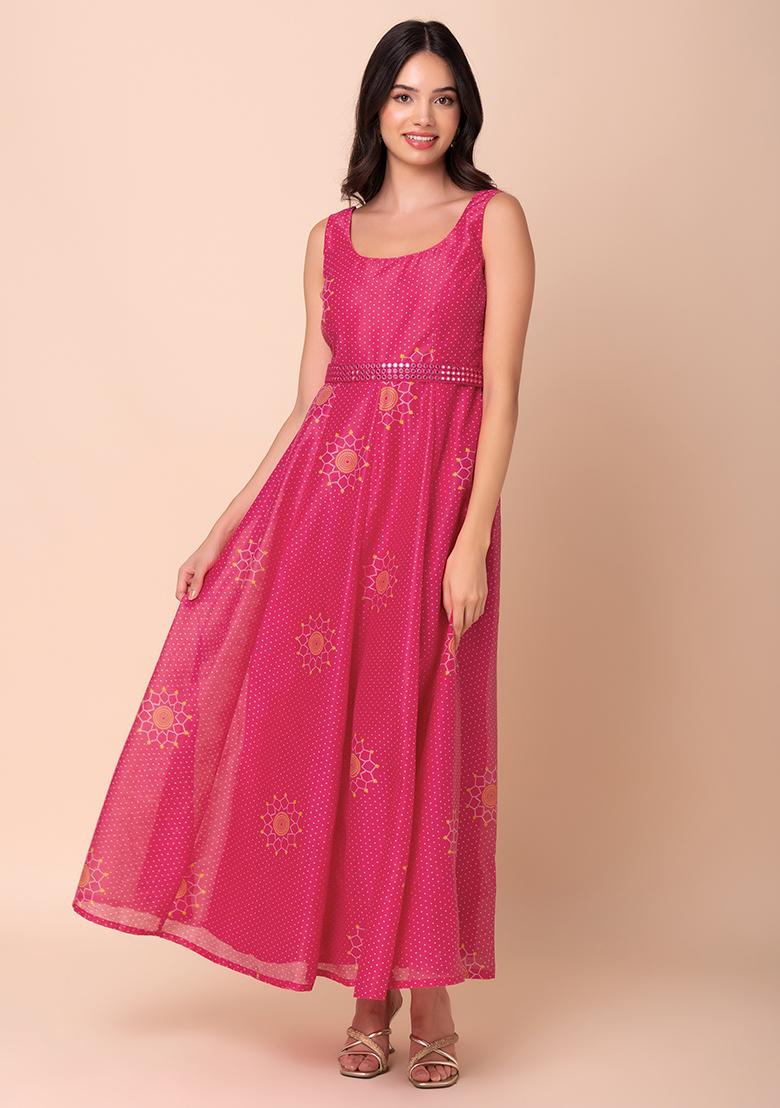 Hot Pink Bandhani Print Anarkali Kurta With Mirror Belt (Set of 2)