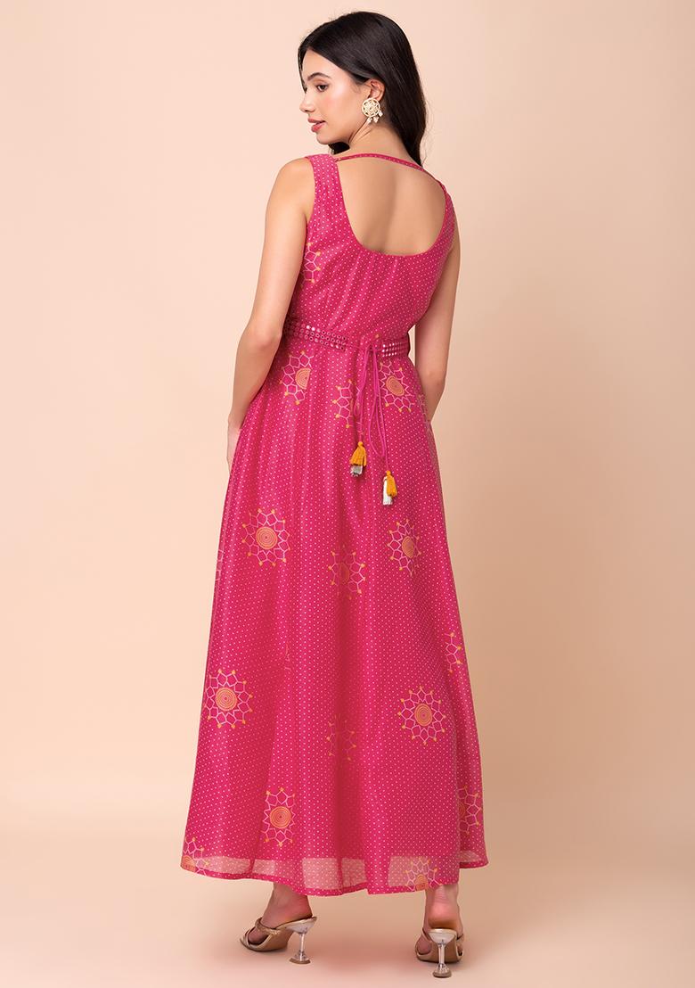 Hot Pink Bandhani Print Anarkali Kurta With Mirror Belt (Set of 2)