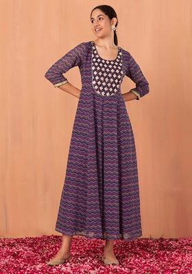 Purple Chevron Ajrak Print Anarkali Kurta