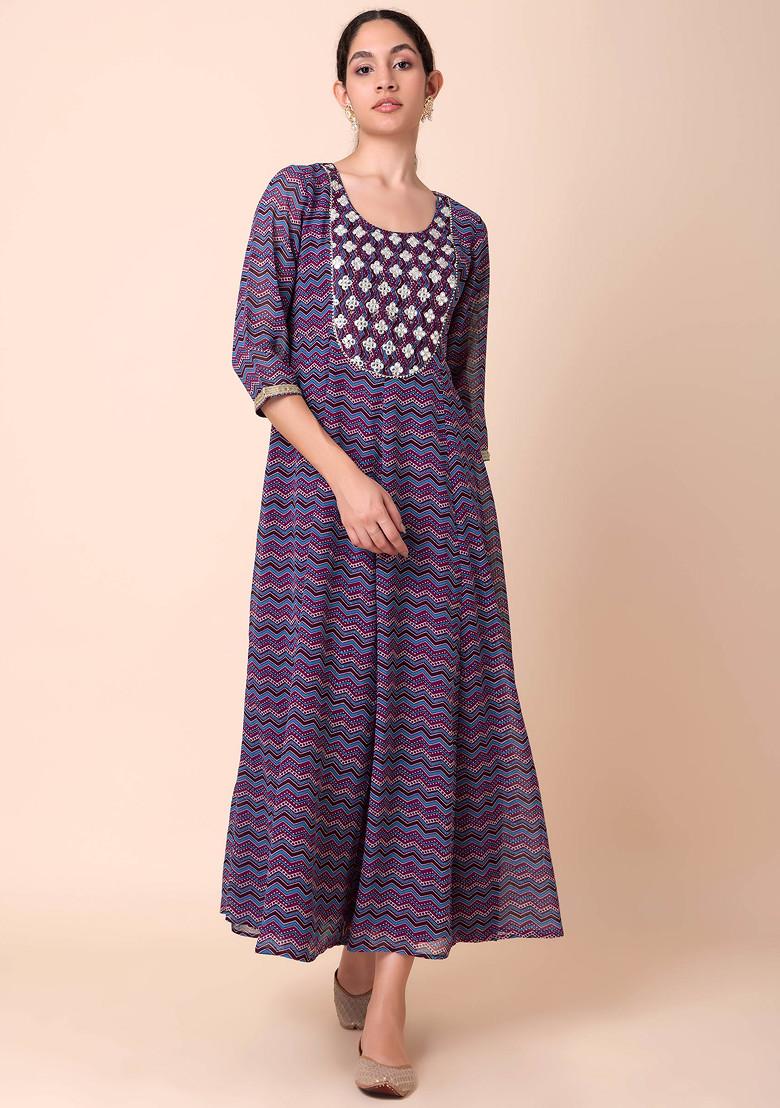 Purple Chevron Ajrak Print Anarkali Kurta