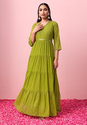 Green Foil Print Tiered Maxi Kurta With Dori Belt (Set of 2)
