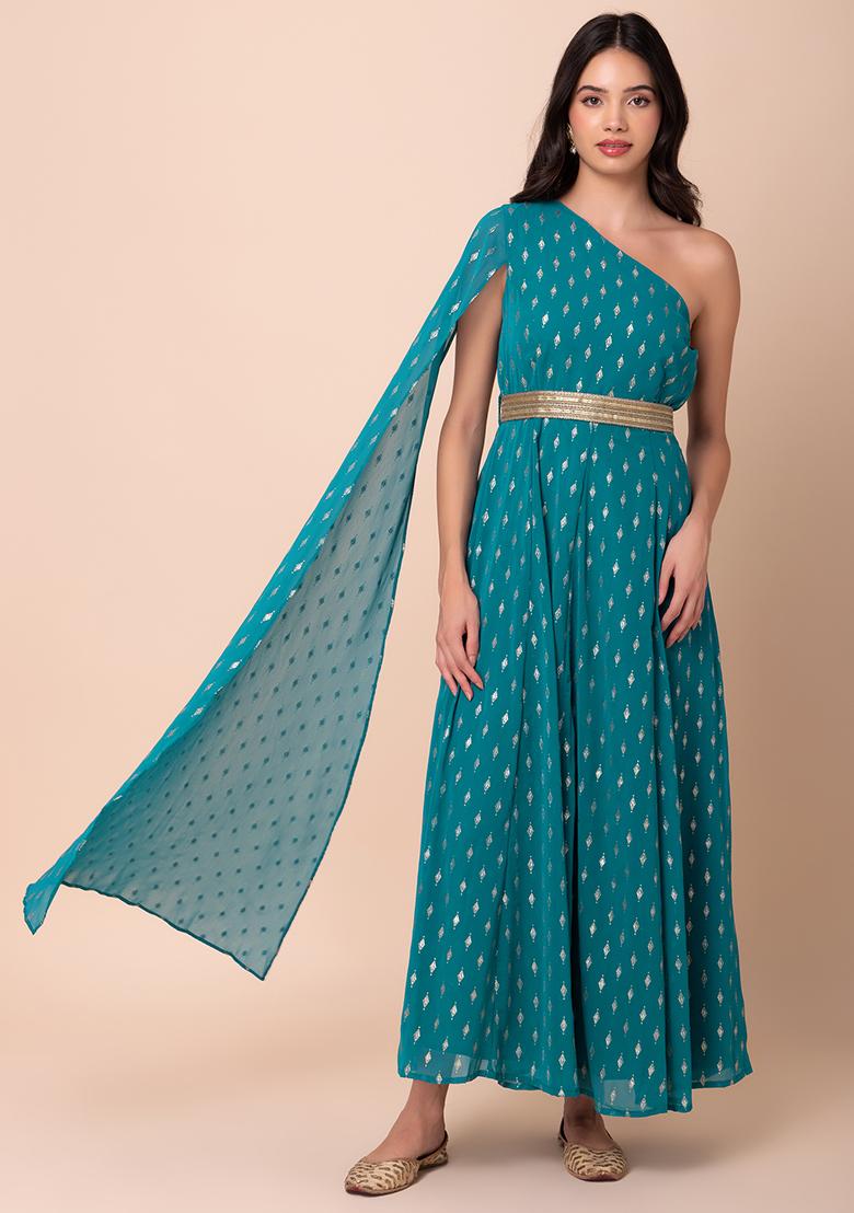 Green Foil Print One Shoulder Kurta With Dori Belt (Set of 2)