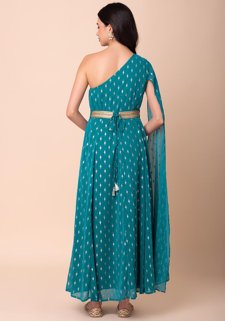 Green Foil Print One Shoulder Kurta With Dori Belt (Set of 2)