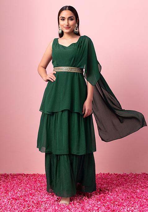 Dark Green Ruffled Kurta With Attached Dupatta And Embroidered Belt (Set of 2)