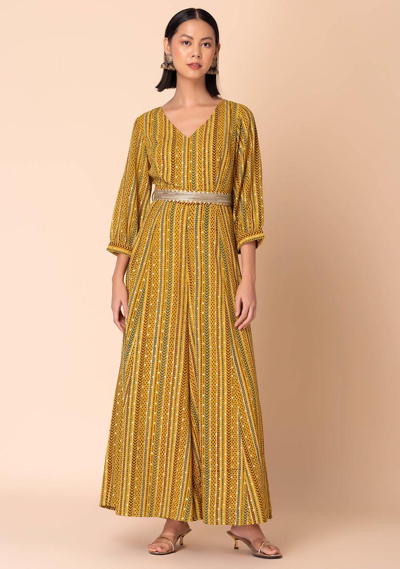 Mustard Yellow Foil Print Flared Jumpsuit With Belt (Set of 2)
