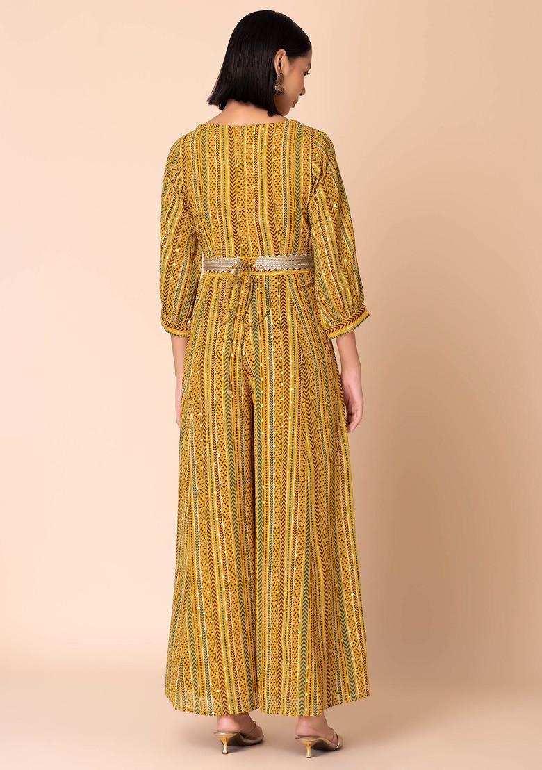 Mustard Yellow Foil Print Flared Jumpsuit With Belt (Set of 2)