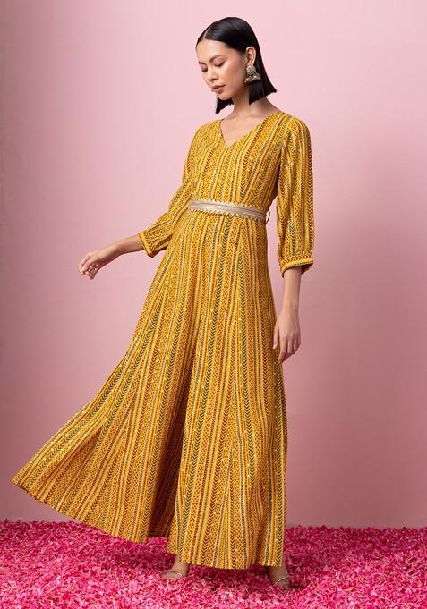 Mustard Yellow Foil Print Flared Jumpsuit With Belt (Set of 2)