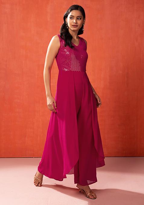 Hot Pink Sequin Embroidered Flared Jumpsuit