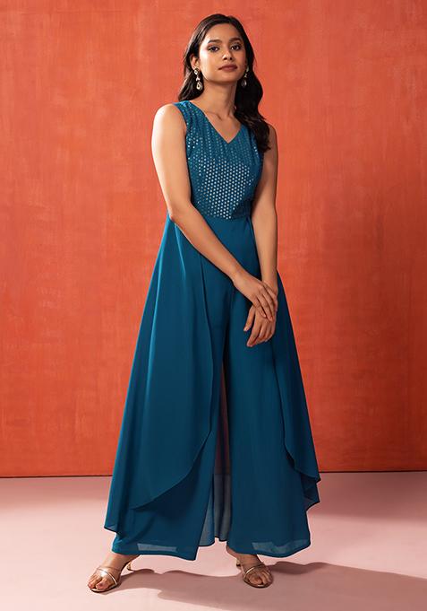 Blue Sequin Embroidered Flared Jumpsuit