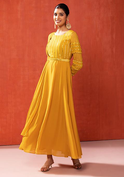 Mustard Yellow Sequin Embroidered Anarkali Kurta With Attached Dupatta And Belt (Set of 2)