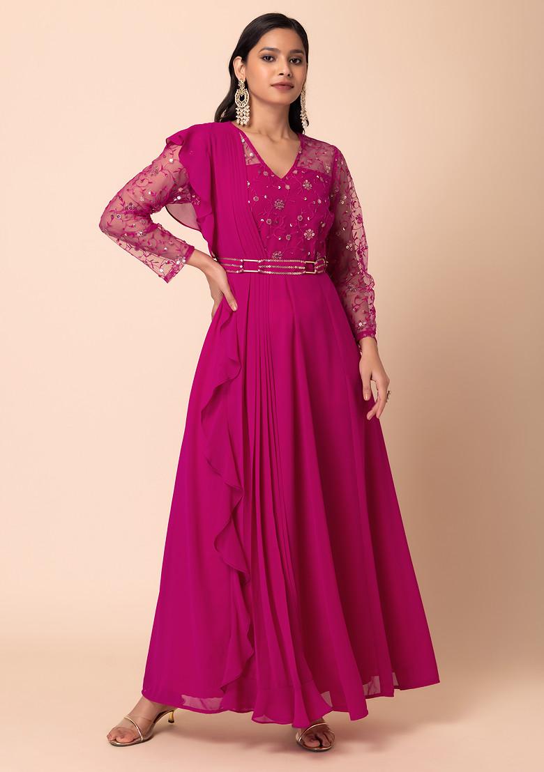 Pink Floral Sequin Embroidered Kurta With Attached Dupatta And Belt (Set of 2)