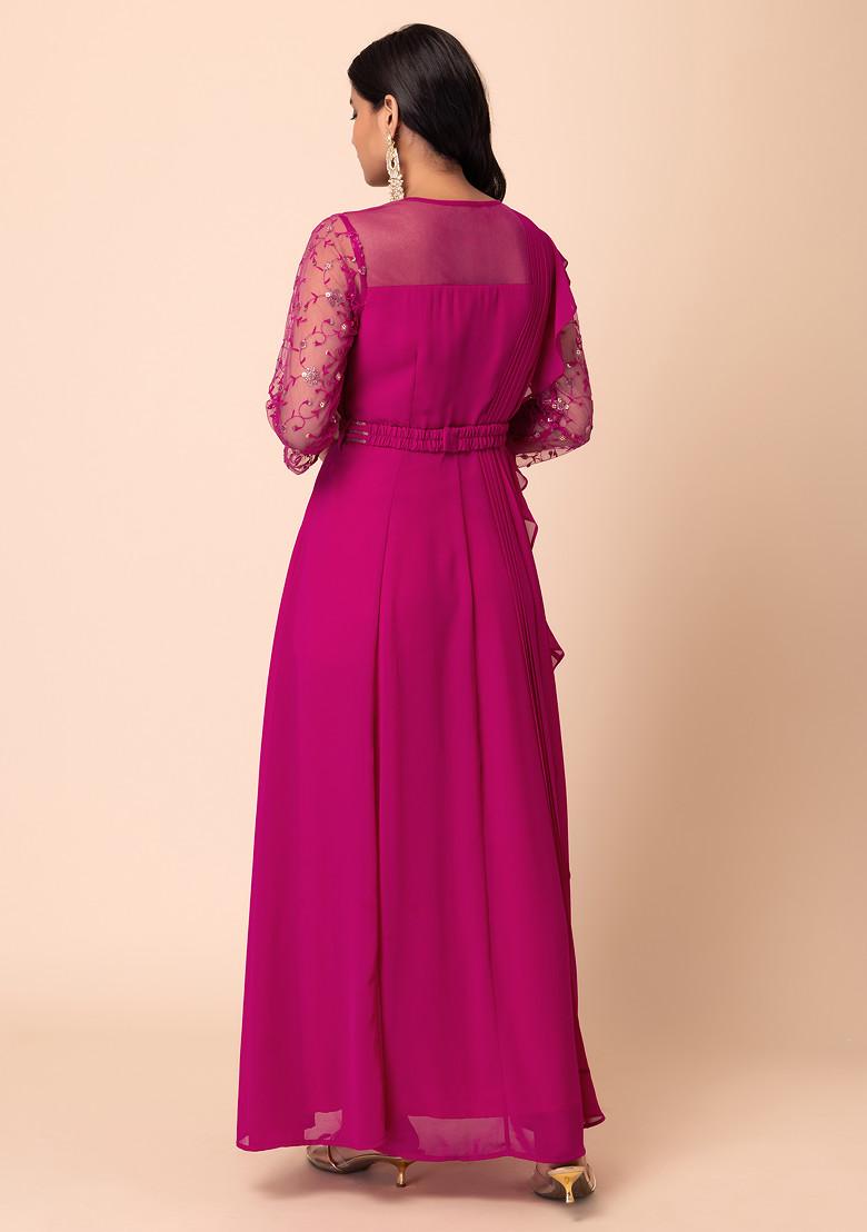 Pink Floral Sequin Embroidered Kurta With Attached Dupatta And Belt (Set of 2)