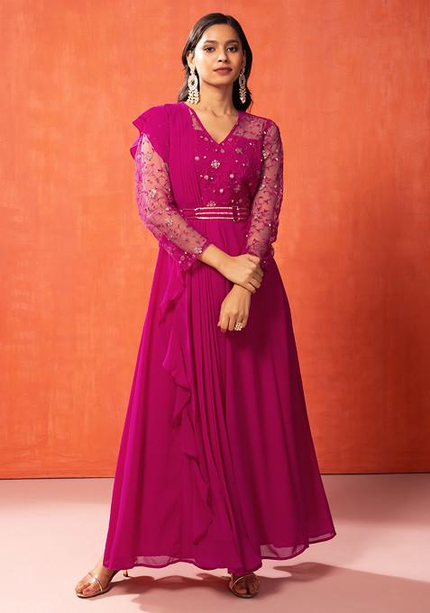 Pink Floral Sequin Embroidered Kurta With Attached Dupatta And Belt (Set of 2)