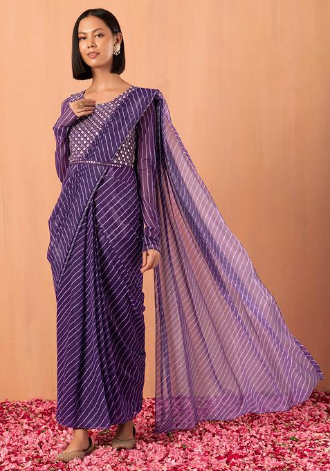 Purple Leheriya Print Pre-Stitched Saree With Attached Blouse And Belt (Set of 2)