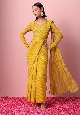 Yellow Leheriya Print Pre-Stitched Saree With Attached Blouse And Belt (Set of 2)