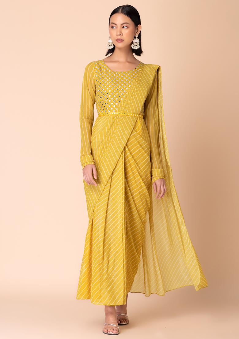 Yellow Leheriya Print Pre-Stitched Saree With Attached Blouse And Belt (Set of 2)