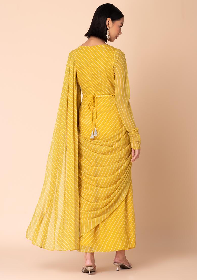 Yellow Leheriya Print Pre-Stitched Saree With Attached Blouse And Belt (Set of 2)