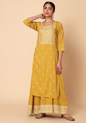 Mustard Yellow Foil Print Double Layered Muslin Kurta