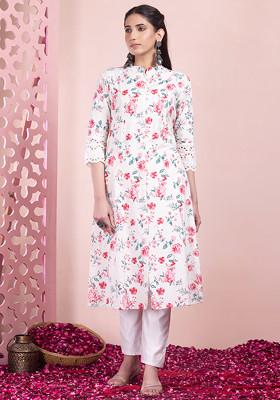 Ivory Floral Print Front Slit Cotton Kurta