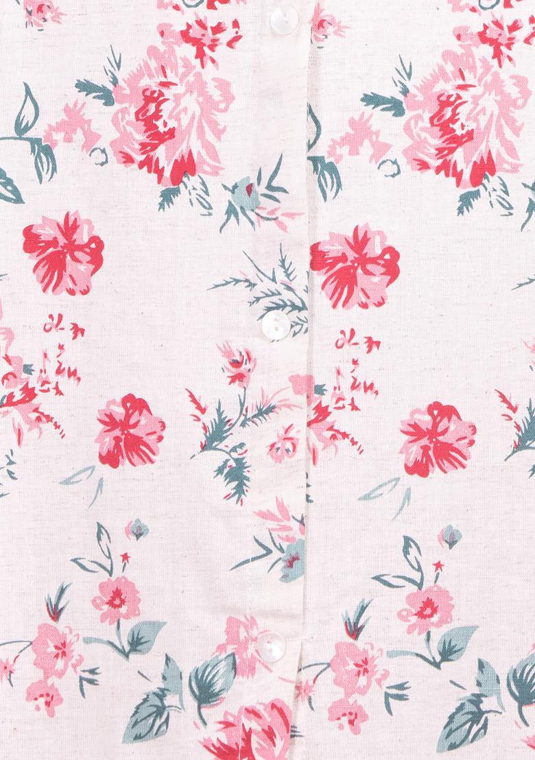 Ivory Floral Print Front Slit Cotton Kurta