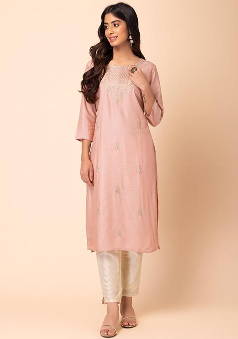 Buy Women Peach Zari Embroidered Straight Kurta Plus Size Indya 