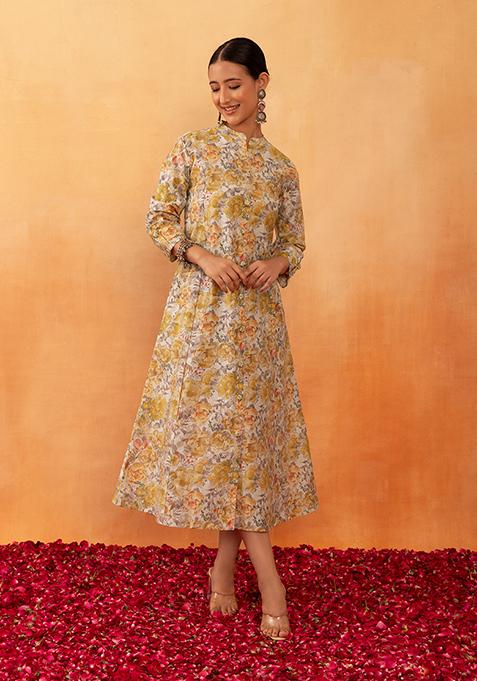 Ivory And Yellow Floral Print Cotton A-Line Kurta