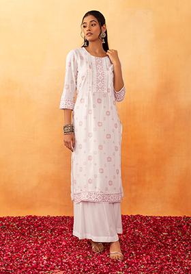Ivory And Pink Floral Print Rayon Kurta