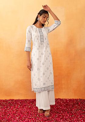 Ivory And Grey Floral Print Rayon Kurta