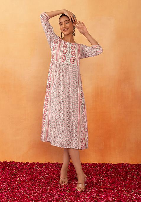 Ivory And Pink Floral Print Rayon A-Line Kurta