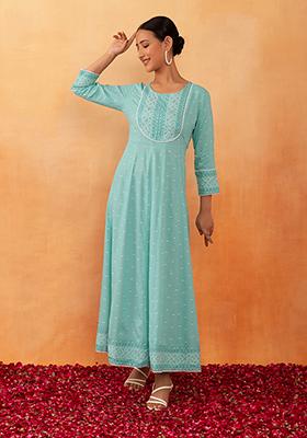 Blue Floral Foil Print Rayon Anarkali Kurta