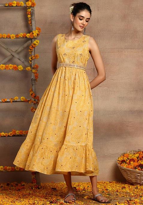 Yellow Bandhani Print Tiered Cotton Dress