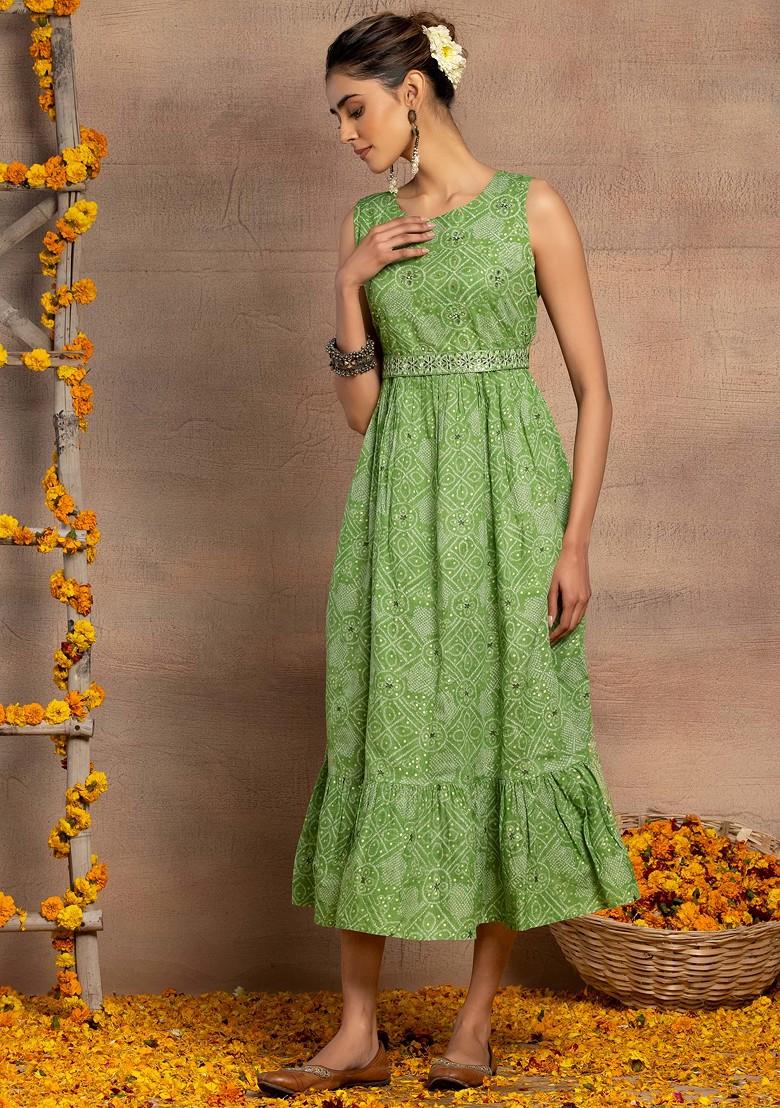 Light Green Bandhani Print Tiered Cotton Dress