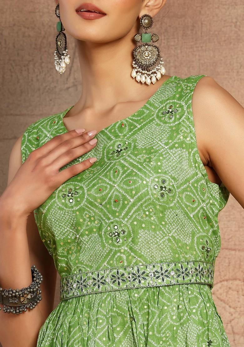 Light Green Bandhani Print Tiered Cotton Dress